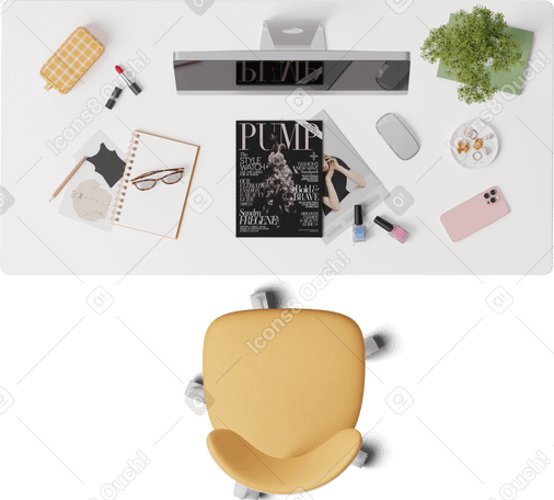 3D top view of desk with fashion magazines PNG、SVG