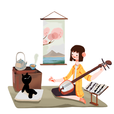 Девушка дома играет на струнном музыкальном инструменте в PNG, SVG