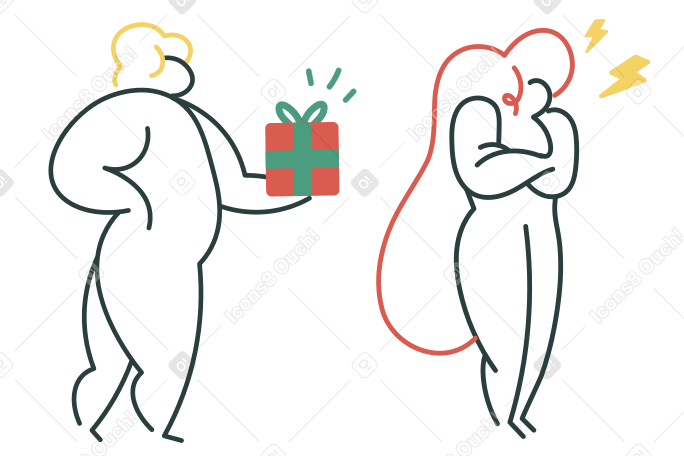 Man apologizing to a woman with gift PNG, SVG