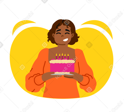 Счастливая молодая женщина с праздничным тортом в PNG, SVG