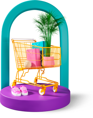 shopping composition of shopping cart, plant, bags and shoes PNG, SVG