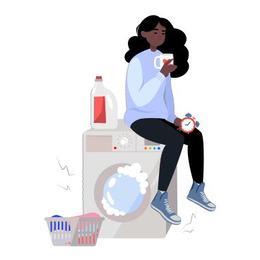 Girl drinking coffee while waiting for the end of the laundry PNG, SVG