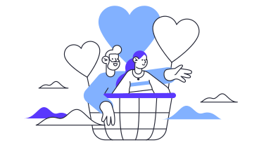 Мужчина и женщина летят на воздушном шаре с сердечками в PNG, SVG