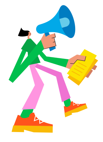 Boy with megaphone and flyers Illustration in PNG, SVG