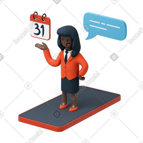 3D 黑人女商人站在电话上，显示截止日期提醒 PNG, SVG