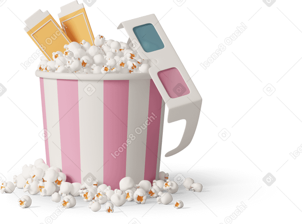 3D popcorn, 3D glasses, and movie tickets PNG, SVG