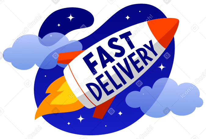 lettering fast delivery in the rocket with clouds and stars Illustration in PNG, SVG