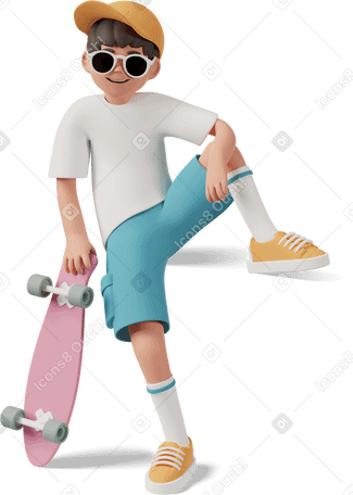 3D boy in sunglasses sitting with arm on knee and holding skateboard PNG, SVG
