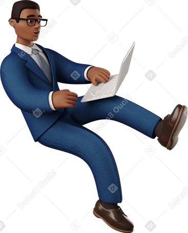 3D seated black businessman with laptop Illustration in PNG, SVG