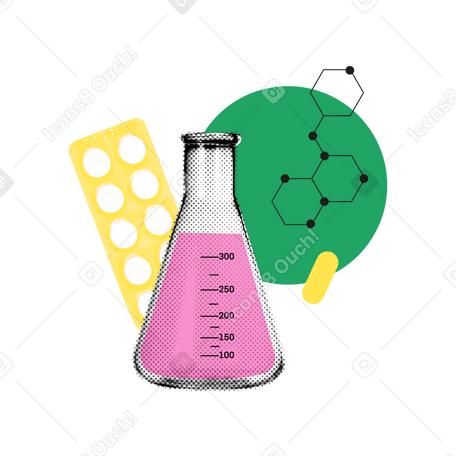 Pharmacology, laboratory flask and tablets PNG, SVG