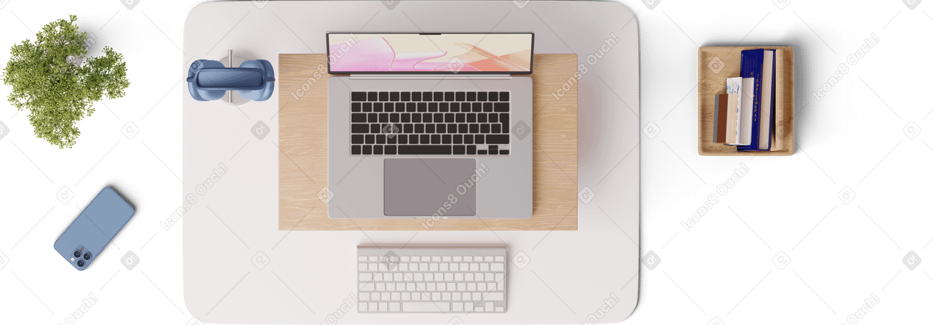 3D laptop, headphones, smartphone and bunch of books PNG, SVG