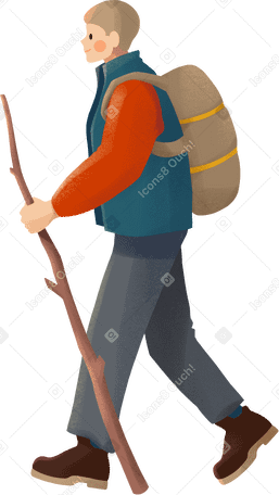 young man in dark green jumper with khaki backpack hiking PNG, SVG