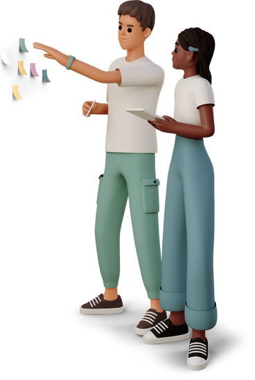 young man and woman sticking notes on wall PNG, SVG