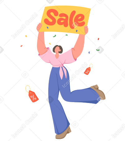 Женщина держит табличку продажи в PNG, SVG