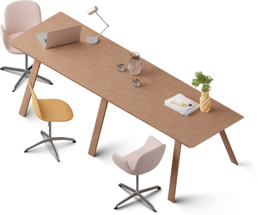 Изометрический вид офисного стола со стульями, ноутбуком и журналами в PNG, SVG