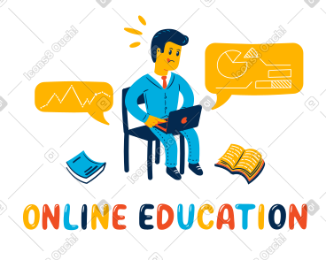 Online education text under a guy sitting with a laptop and books PNG, SVG