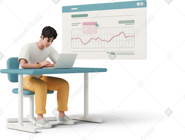 3D man in front of laptop and graph on web browser in background PNG, SVG