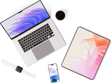 Вид сверху на планшет, смартфон, ноутбук, чашку и умные часы в PNG, SVG