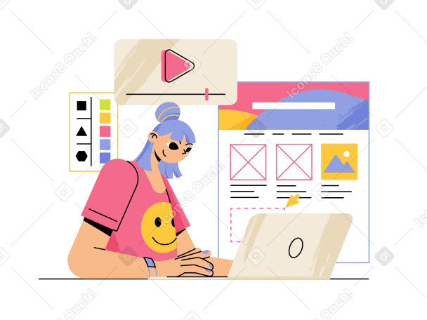 Web designer girl making landing page with video, color palette and site blocks animated illustration in GIF, Lottie (JSON), AE