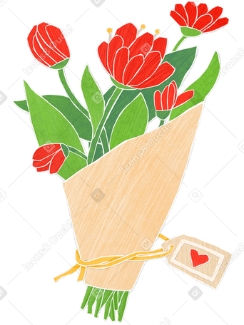 Bouquet of red flowers in craft paper with a heart Illustration in PNG, SVG