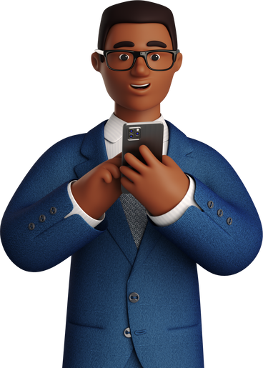 black businessman in blue suit looking at phone PNG, SVG