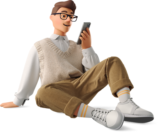 3D young man in formalwear sitting on the floor with phone Illustration in PNG, SVG