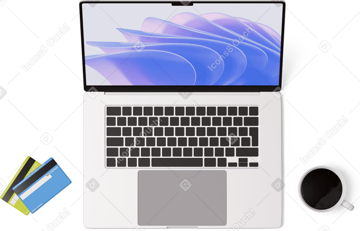 3D top view of laptop, credit cards and cup PNG, SVG