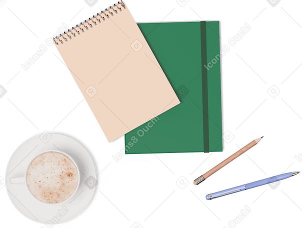 3D 两本笔记本、钢笔、铅笔和一杯咖啡的顶视图 PNG, SVG