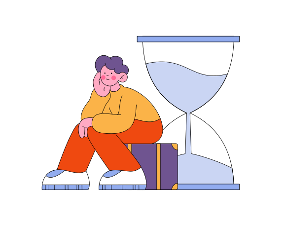 Иллюстрация Мужчина сидит на чемодане возле огромных песочных часов в PNG и SVG