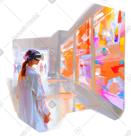 Oil painting of girl using vr headset PNG, SVG