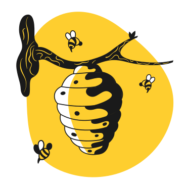 Bees flying around hive on branch PNG, SVG