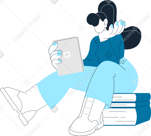 woman sitting and holding a tablet PNG, SVG