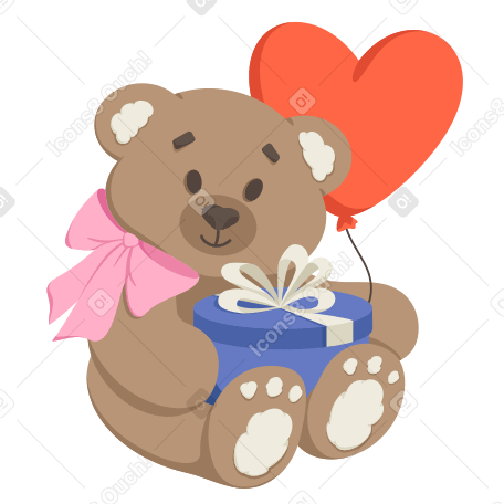 Teddy bear with a gift and a heart balloon PNG, SVG
