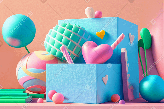 3D valentines day background with gift box and hearts PNG, SVG