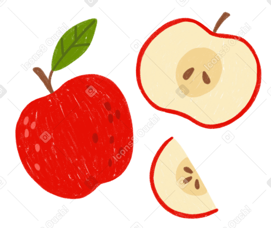 Manzana roja con hoja, media manzana y una rodaja de manzana. PNG, SVG