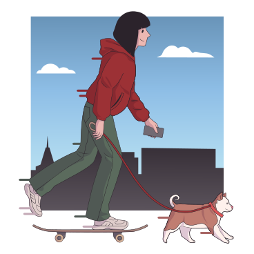 Woman on skateboard walking her puppy PNG, SVG