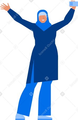 счастливая женщина в хиджабе поднимает руки вверх и показывает свои водительские права в PNG, SVG