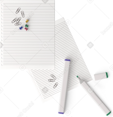 3D Zwei marker, zwei blätter papier, einige stecknadeln und büroklammern PNG, SVG