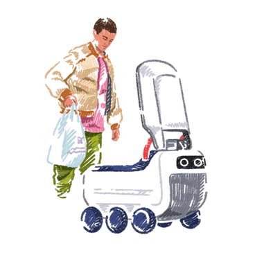 Jeune homme se faisant livrer par un robot de livraison PNG, SVG