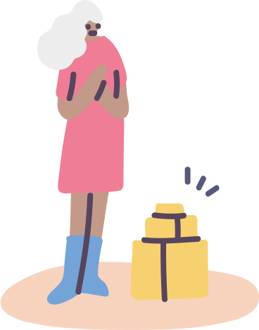 Old woman standing next to a pile of packages PNG, SVG