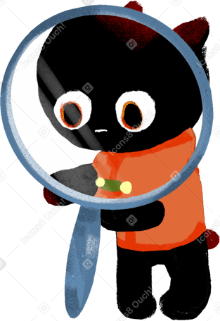 black kitten with a magnifying glass Illustration in PNG, SVG