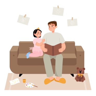 お父さんは居間で娘に本を読んでいます PNG、SVG