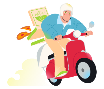Pizza delivery guy riding a scooter in a hurry PNG, SVG