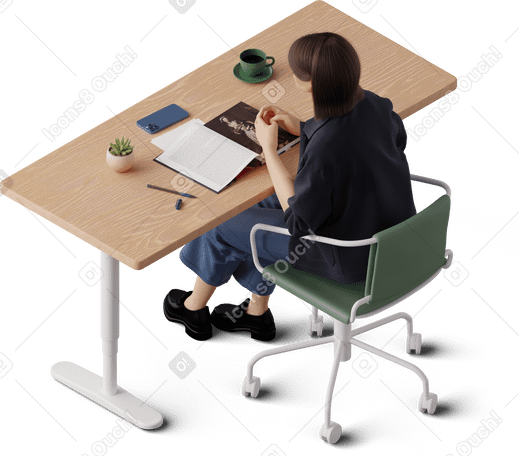 3D Visão isométrica de uma jovem sentada à mesa e lendo um livro PNG, SVG
