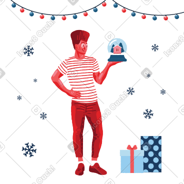 A man looking at a snow globe gift PNG, SVG