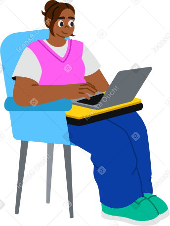 Женщина сидит на стуле с ноутбуком в PNG, SVG