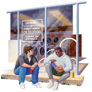 Hommes mangeant de la nourriture de rue près d’une laverie automatique PNG, SVG