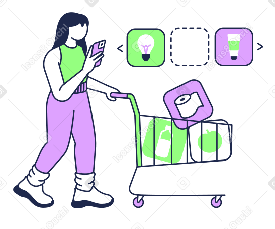 Mujer de compras en línea con un carrito de compras PNG, SVG