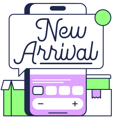 Schriftzug „new arrival“ mit einkaufsbox und telefontext PNG, SVG