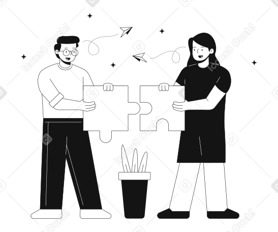 Man and woman putting puzzle pieces together Illustration in PNG, SVG